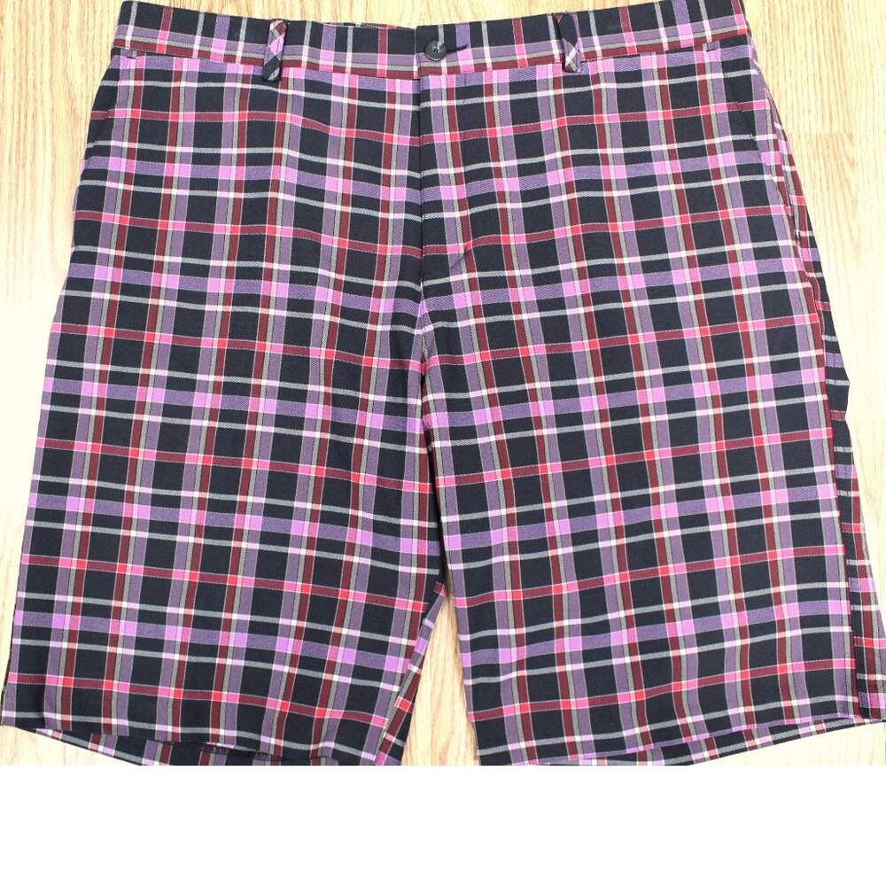 ADIDAS REGULAR FIT SHORTS POLYESTER BLACK, PINK & LAVENDER PLAID Sz 38